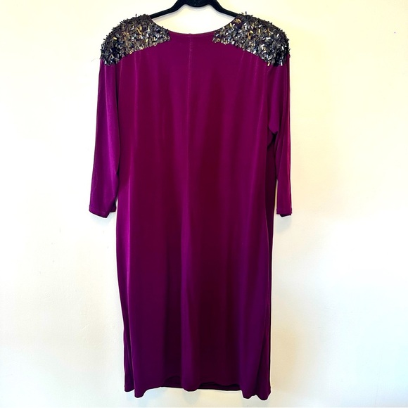 Calvin Klein Plus Size Burgundy/ Purple Faux Wrap Sequin Shoulder Dress - Picture 3 of 14